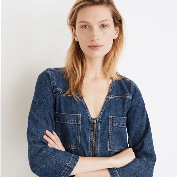 Patch Pocket Denim Zip Up Jumpsuit - Picture 2 of 8